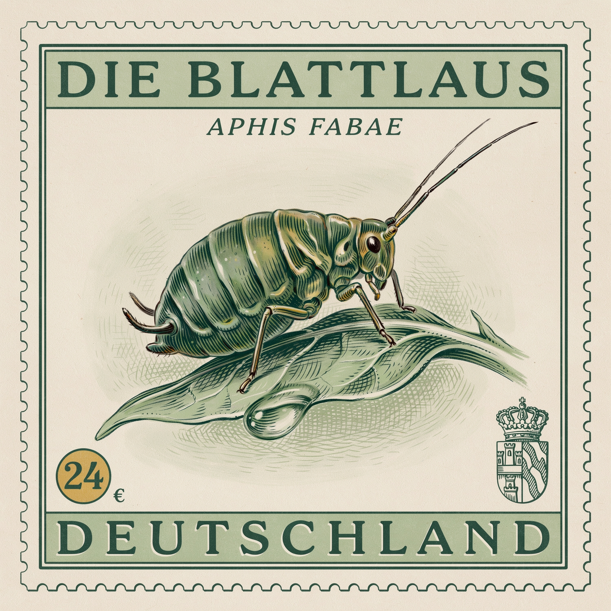 Gestaltungsübersicht der Blattlauspost mit Logo, Briefmarke, Farben und Anwendungen